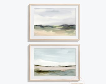 Watercolor Landscape Print, Printable Wall Art of Abstract Landscape Neutral Land Field and Sky Set of 2, Hand Painted (Digital Download)