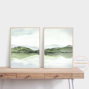 Landscape Printable Wall Art Green Mountain Lake Reflection Set of 2 Minimal Abstract Download Art Vertical Poster DIY Print