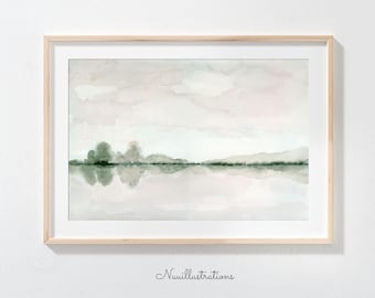 May include: A framed watercolor landscape painting featuring a soft, muted palette of pale pink, gray, and sage green. The artwork depicts a calm body of water reflecting a distant, hazy treeline under a cloudy sky. The text Nuuillustrations is visible.