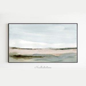 Frame TV Art Watercolor Landscape Neutral Green Field Sky Abstract Landscape instant Download Samsung TV Wall Art Print for TV or Monitor
