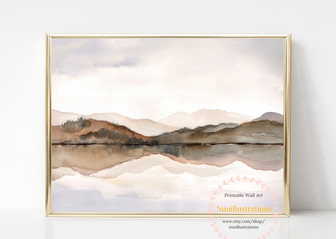 Neutral Landscape Mountain Lake Print Abstract Watercolor - Etsy