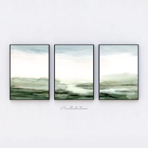 Landscape Printable - Misty Green Abstract Landscape Download Print Watercolor in Neutral Green 24x36 or Request your Size - Set of 3