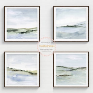 Abstract Landscape Print Set of 4 Printable Wall Art Downloadable Neutral Watercolor Blue Green Minimalist Peaceful Scene - Square Format
