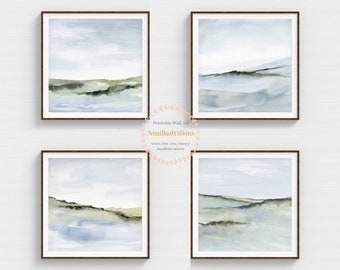 Abstract Landscape Print Set of 4 Printable Wall Art Downloadable Neutral Watercolor Blue Green Minimalist Peaceful Scene - Square Format