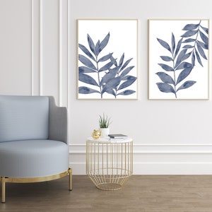 Blue Plant Printable Wall Art Set of 2 indigo Leaf Print Botanical Instant Download Digital Watercolor Painting Greenery Art vertical