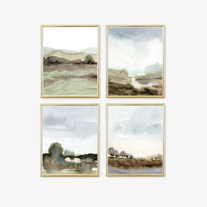 Green Brown Landscape Printable Wall Art Instant Download Neutral Watercolor Print Set of 4 - Request your Size and Format