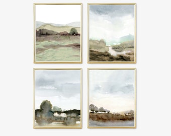 Ensemble de 4 impressions aquarelles neutres, paysage vert et brun à imprimer - Téléchargement numérique