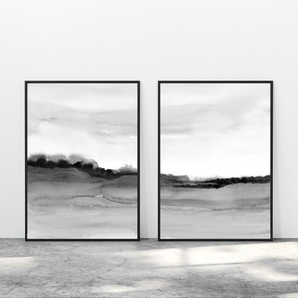 Abstract Black and White Landscape Print Printable Wall Art Watercolor Digital instant Download Monochrome Gray Poster Set of 2