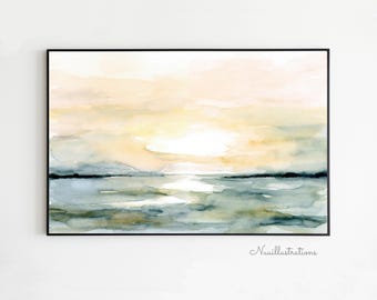 Abstract Sunrise Sunset Beach Landscape Watercolor Print (Digital Download)