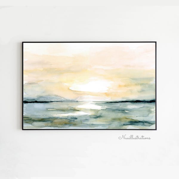 Abstrakt soluppgång solnedgång strandlandskap akvarelltryck (digital nedladdning)