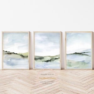 Abstract Landscape Print Set of 3 Printable Wall Art Downloadable Neutral Landscape Watercolor Blue Green Minimalist Peaceful Scene