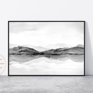 Impressão de paisagem em preto e branco - Mountain Lake abstrato aquarela para impressão arte de parede para download pôster de paisagem - cinza preto