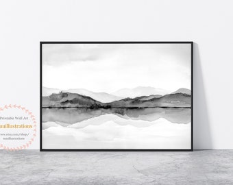 May include: A black and white watercolour painting depicting a mountain range reflected in a still lake. The mountains are painted in shades of grey, with a soft, hazy effect. The lake is a mirror-like surface, reflecting the mountains and the sky above.