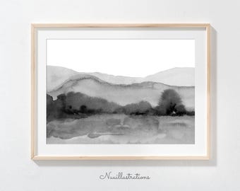 Mountain Hills Landscape Print in Black and White - Digital Download Printable Wall Art - Hand Painted Watercolor Painting