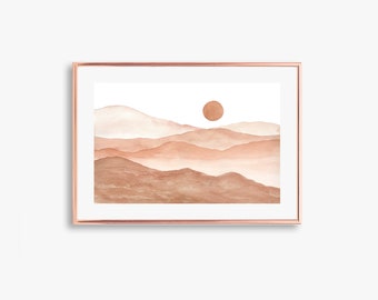 Boho Mountain Sun Landscape Print Digital Download DIY Poster Terracotta Burnt Orange Hand Painted Abstract Watercolor Printable Wall Art