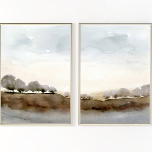 Watercolor Tree Landscape Wall Art Print - Hill Tree Printable Download Digital Downloadable File - Vertical Poster Gray and Brown Set of 2