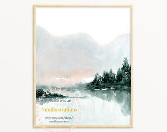 Hill Tree Lake Landscape Print, Peaceful Scene Printable Wall Art Digital Download Watercolor Vertical Poster