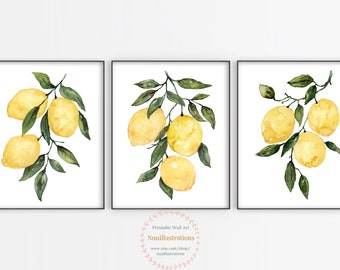 Citroen Afdrukbare Wall Art instant Download Fruit Aquarel Botanische Print Keuken Decor Citrus Botanische Poster Set van 3