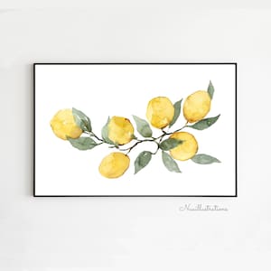 Lemon Branch Printable Wall Art instant Download Fruit Watercolor Botanical Print Kitchen Decor Citrus Botanical Poster Horizontal