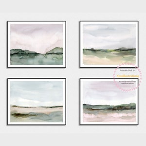 Abstract Landscape Print Set of 4 Printable Wall Art Downloadable Neutral Watercolor Field - Can Request your Size square or rectangular