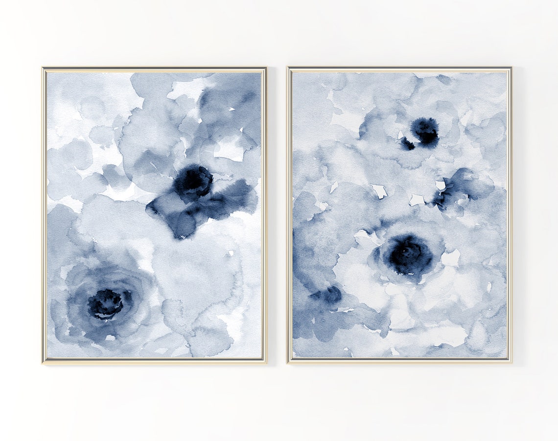 Blue White Abstract Flower Printable Wall Art Set Instant - Etsy
