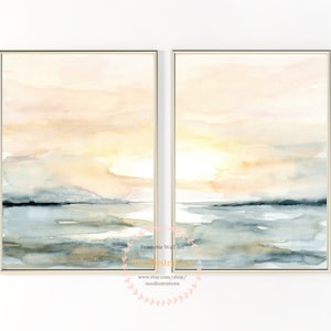 Sunrise Beach Landscape Printable Wall Art Abstract instant Download DIY Print Watercolor Digital File Blush Blue Ocean Sunset Sea Set of 2 image 2