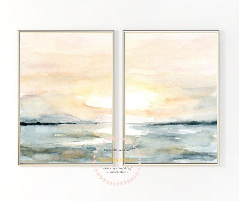 Sunrise Beach Landscape Printable Wall Art Abstract instant Download DIY Print Watercolor Digital File Blush Blue Ocean Sunset Sea Set of 2 image 2