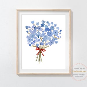 Blue Flower Bouquet Printable Wall Art Watercolor Floral Botanical Printable Digital Print Download Artwork, Nursery Girl Room Decor