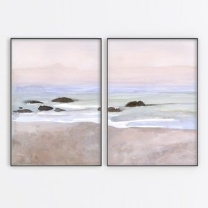 Misty Sea Beach Landscape Wall Art Print Watercolor Abstract Digital Download Printable Poster Abstract Art Pastel Color - Set of 2