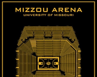 Könnte beinhalten: Eine schwarz-goldene Illustration der Mizzou Arena, Heimat des Basketballteams der University of Missouri Tigers. Die Illustration zeigt den Sitzplan und das Basketballfeld. Der Text "Mizzou Arena" und "University of Missouri" befindet sich oben im Bild. Der Text "Kapazität: 15.061" und "Erbaut: 2004" befindet sich unten im Bild.