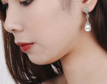 925 Sterling Silver Bridal Pearl Drop Earring Crystal Teardrop Dangle CZ Earring Wedding Jewelry