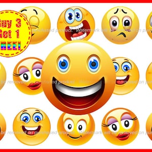 Emoticonos - Imágenes de tapas de botellas - Caras de Emoji - Descarga instantánea - Imágenes de alta resolución - Compre 3 y obtenga 1 GRATIS