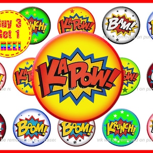 Puede incluir: Un conjunto de botones coloridos estilo cómic con palabras de acción como "KAPOW!" y "BOOM!" en negrita. Los botones presentan diseños de estrellas y colores vibrantes, con un botón que ofrece una promoción de "¡Compra 3 y llévate 1 GRATIS!"