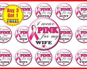 Breast Cancer Awareness Bottle Cap Images - Pink Ribbon - Instant Download - High Resolution Images - Buy 3, Get 1 FREE
