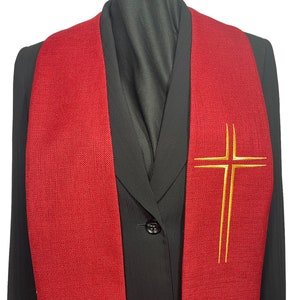 Deep red woven fabric Clergy Stole with gold cross.