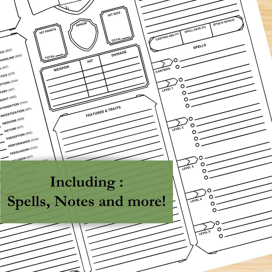 D&amp;D Ranger Character Sheet Single Sheet One Page Character Sheet - Etsy