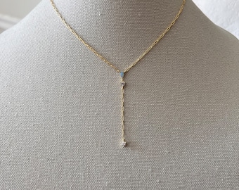 Dainty lariat necklace, opal stone lariat,opal stone necklace,cubic zirconia necklace,Y shake necklace,gold necklace,v cut necklace,