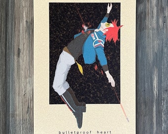 May include: A digital illustration of a person in a blue and black uniform with red hair falling backwards, with a red line through their chest, against a black background with a gold and black speckled texture. The text "bulletproof_heart" is at the bottom of the image.