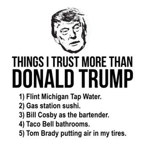 May include: White graphic with a black and white illustration of Donald Trump's face. Bold black text reads "THINGS I TRUST MORE THAN DONALD TRUMP" followed by a list of five items.