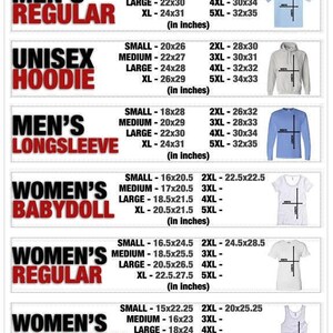 Puede incluir: Un gr&aacute;fico que muestra diferentes tama&ntilde;os y medidas para varios tipos de camisas, sudaderas con capucha y camisetas sin mangas. El gr&aacute;fico incluye medidas para las tallas S, M, L, XL, 2XL, 3XL, 4XL y 5XL. Las medidas se indican en pulgadas.