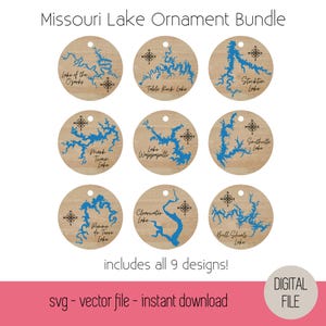 May include: Nine digital SVG files of Missouri lake outlines with compass icons and lake names. The outlines are blue on a wood-grain background. The files are for instant download.