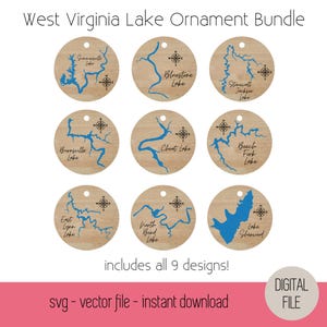 May include: A digital download of nine SVG files featuring outlines of West Virginia lakes. Each lake outline is surrounded by a circle with a compass rose and the lake's name. The text "includes all 9 designs!" is below the images. The text "svg - vector file - instant download" is below the text "includes all 9 designs!" and the text "DIGITAL FILE" is in the bottom right corner.
