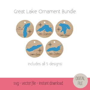 May include: A set of five SVG files for creating Great Lakes ornaments. Each file features a blue outline of a different Great Lake with a compass rose and the lake's name. The text "includes all 5 designs!" and "svg - vector file - instant download" is also included.