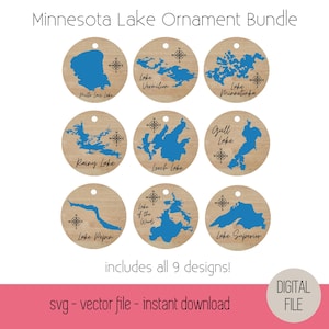 May include: A set of nine digital SVG files for creating Minnesota lake ornaments. Each file features a different lake outline with a compass rose and the lake's name. The lakes included are Mille Lacs Lake, Lake Vermilion, Lake Minnetonka, Rainy Lake, Leech Lake, Gull Lake, Lake of the Woods, Lake Pepin, and Lake Superior.