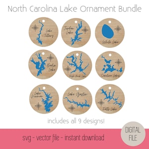 May include: Nine digital SVG files of North Carolina lake outlines, each with a compass rose and the lake name. The lakes include: Tillery, Jordan, White, Badin, High Rock, Carolina, Norman, Gaston, and Falls. The text "includes all 9 designs!" and "svg - vector file - instant download" are also included. The text "DIGITAL FILE" is in a pink box.