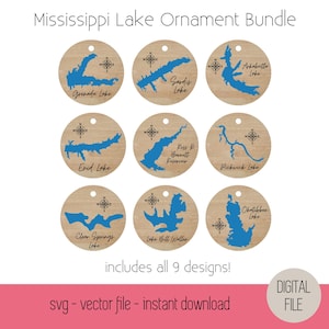 May include: A bundle of nine wooden ornaments featuring blue lake maps with compass rose designs. Each ornament is a different lake, including Grenada Lake, Arkabutla Lake, and others. The text reads "Mississippi Lake Ornament Bundle."