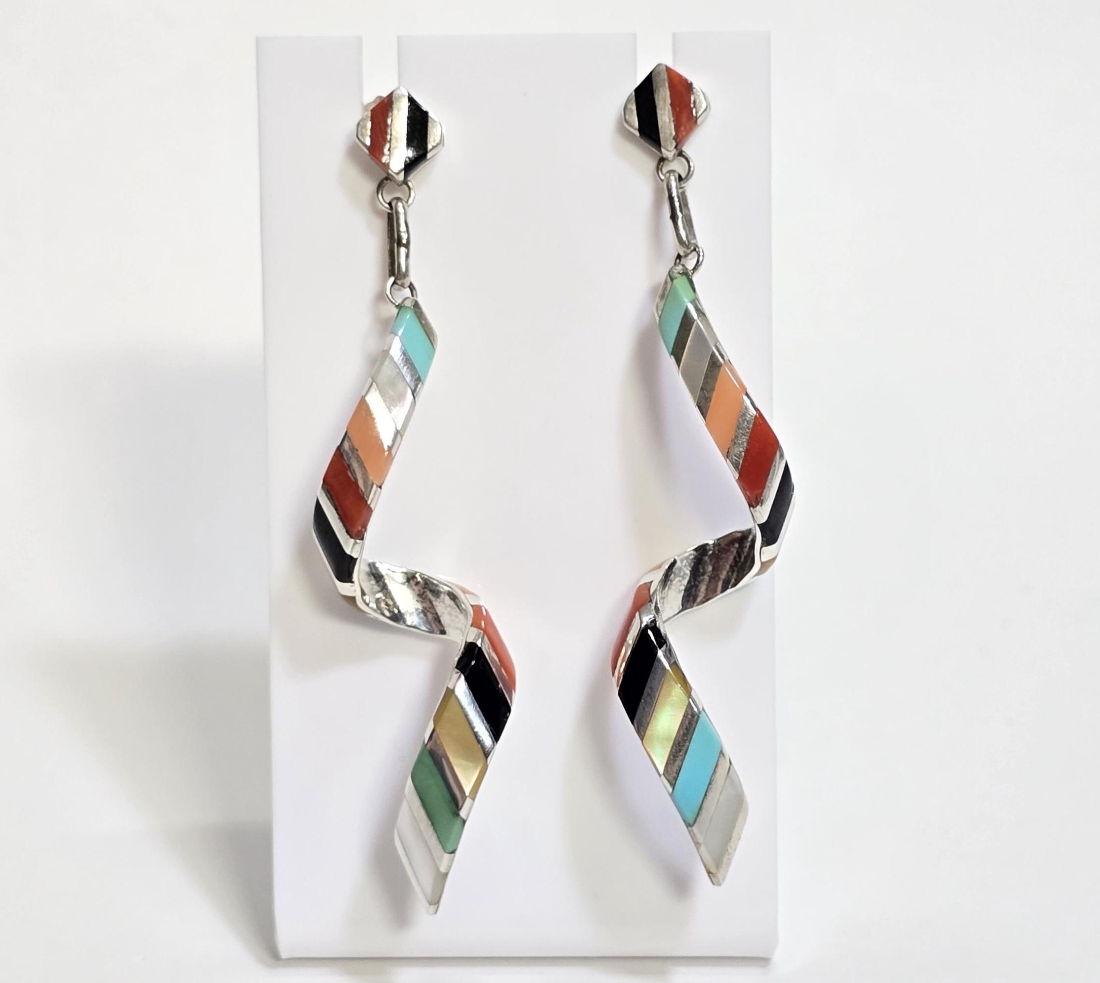 Shawn Sheyka Sterling Silver Zuni Spiral Multi Stone Dangle Drop