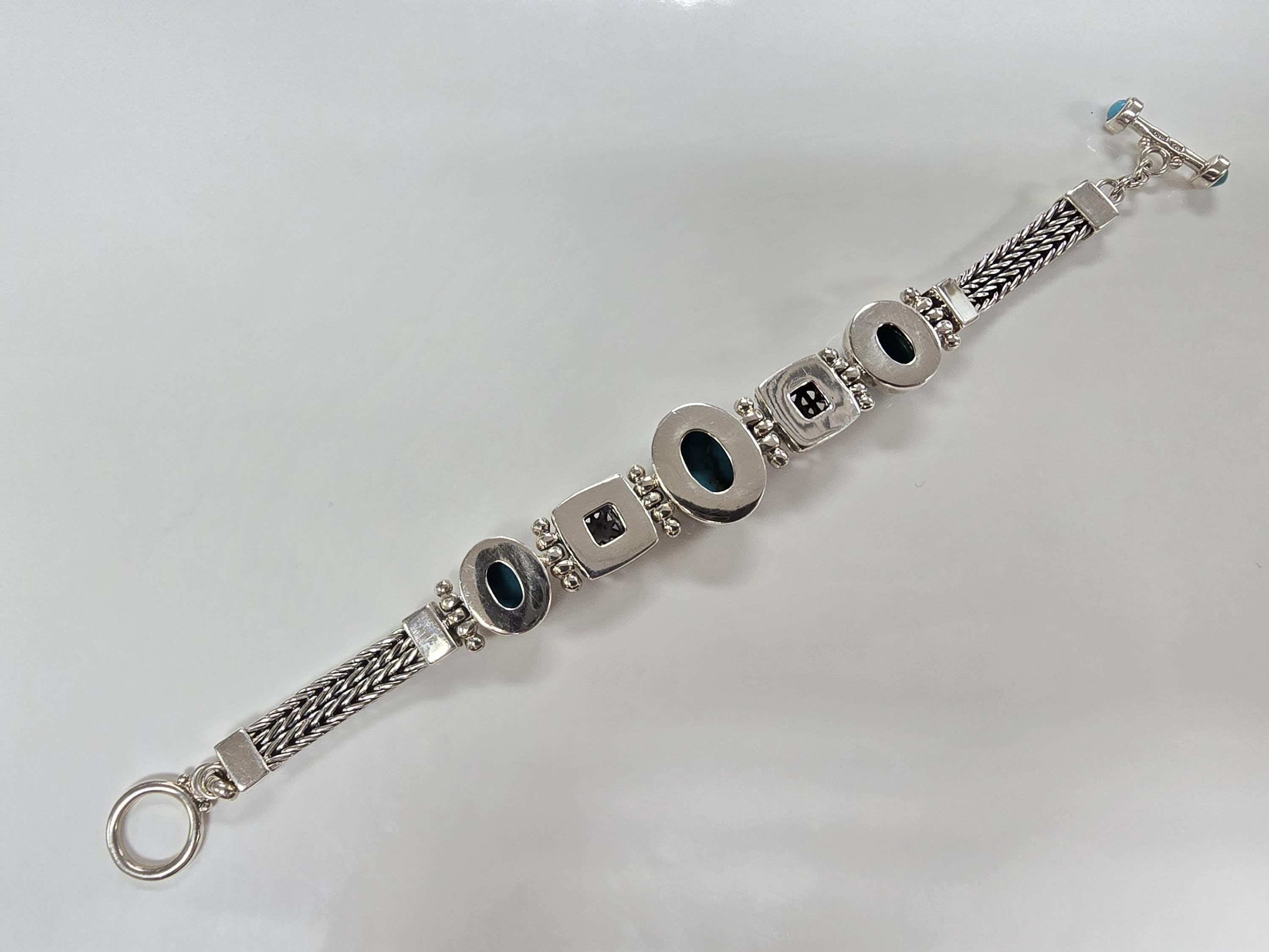 Vintage Sterling Silver Turquoise Ornate Foxtail Chain Bracelet