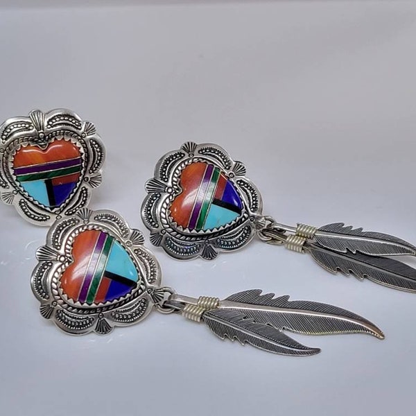 Q.T. Quoc Turquoise Sterling Silver Multi Stone Feathers Earrings and Ring Set (b)