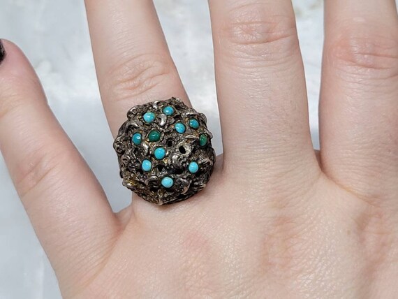 Vintage Sterling Silver Sand Cast Turquoise Ring … - image 6